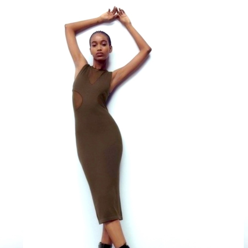 NWT ZARA SEAMLESS DRESS. SIZE XS/S. BROWN. CUT OUT SIDES AND MESH BACK.